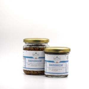 Ganzkornsenf der KÜHLEN MÜHLE in zwei Flaschengrößen