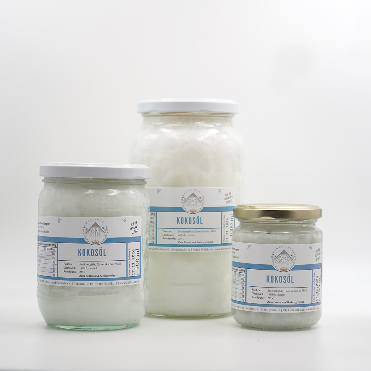Kokosöl der KÜHLEN MÜHLE in drei Gläsergrößen