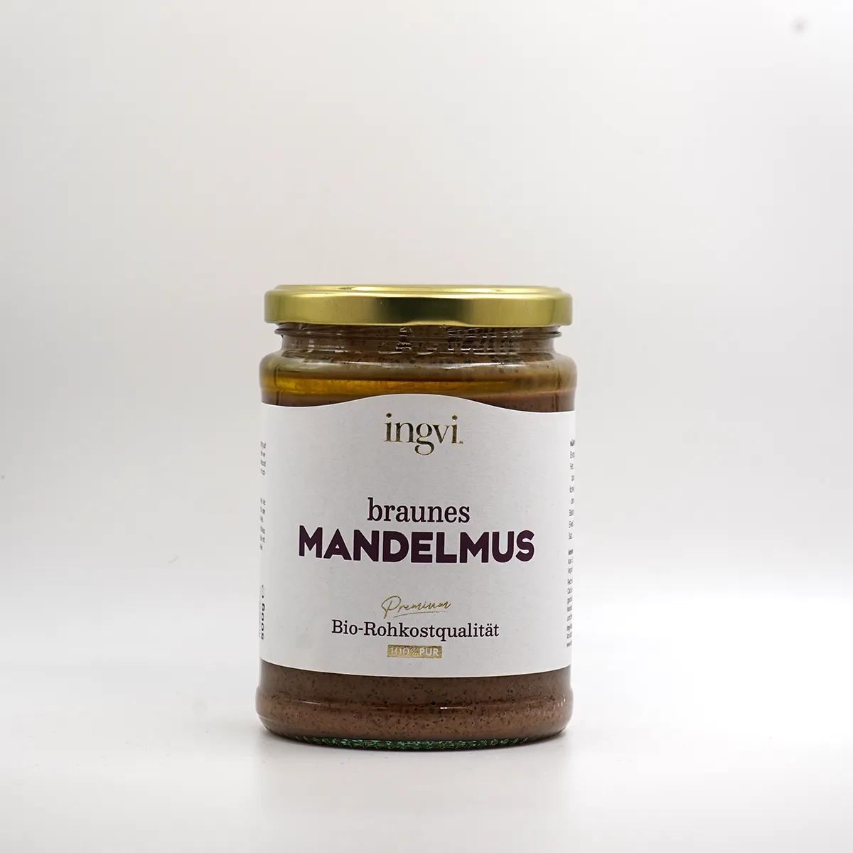 Mandelmus Braun von Ingvi, erhältlich in der KÜHLEN MÜHLE im 500 g Glas