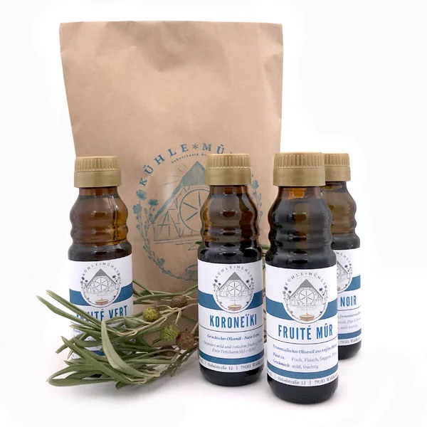 Olivenöltüte der KÜHLEN MÜHLE mit 4 verschiedenen Olivenölen zu je 100 ml